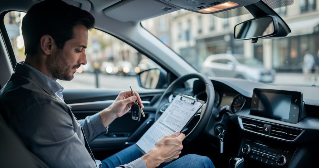 Conducteur examinant ses documents d assurance auto dans son vehicule
