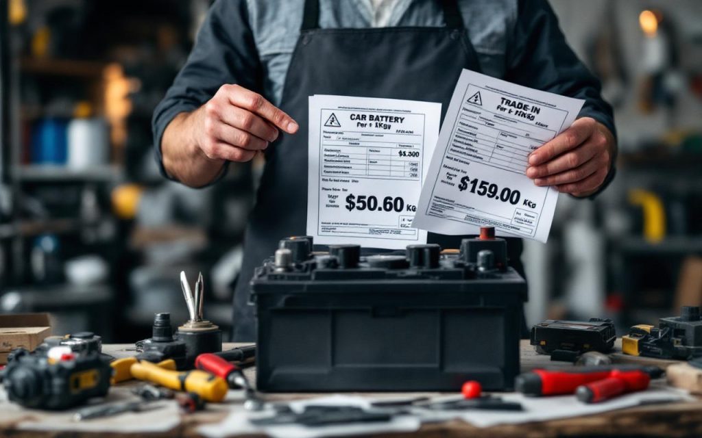 Dans un garage, un homme compare le prix d’une batterie au kilo avec des documents de reprise et une batterie de voiture posée sur un établi.