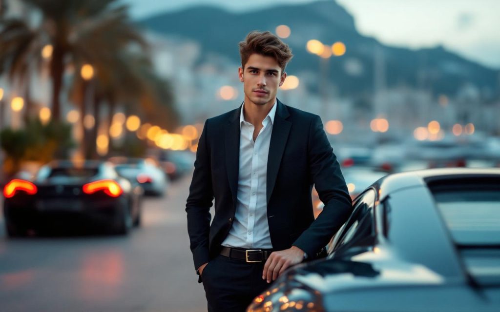 Portrait éditorial d’un jeune homme en blazer sombre posant à côté de supercars dans une ambiance de luxe discret inspirée de Monaco, éclairage doré et arrière-plan lumineux du port.
