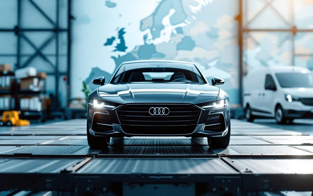 Voiture d’occasion sur une plateforme de transport européenne, éclairage naturel, avec une carte de l’Europe et des dossiers liés à l’importation en arrière-plan.