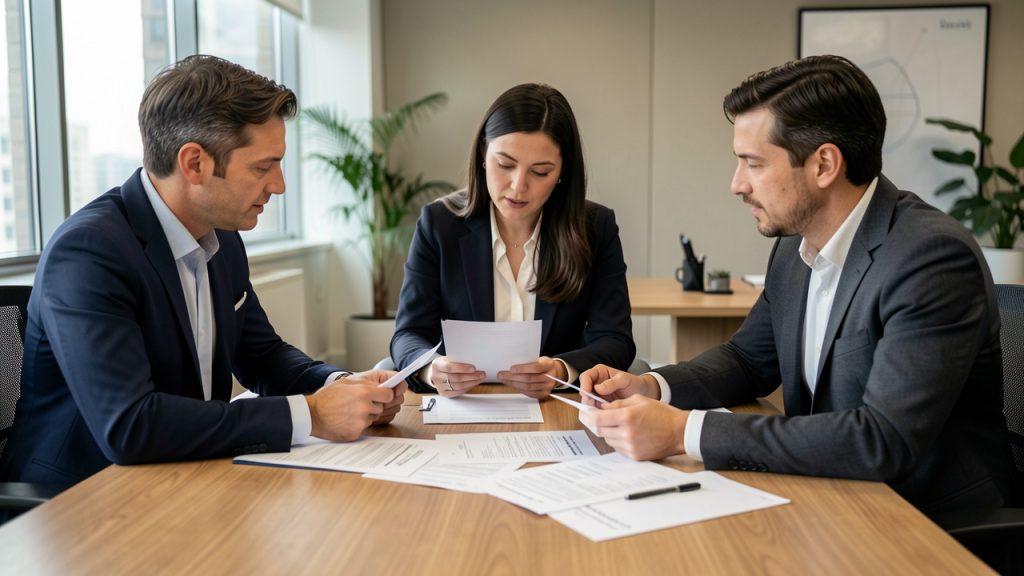 Un particulier, une cheffe d’entreprise et un responsable associatif comparent des documents financiers vierges autour d’une table dans une agence bancaire sobre.