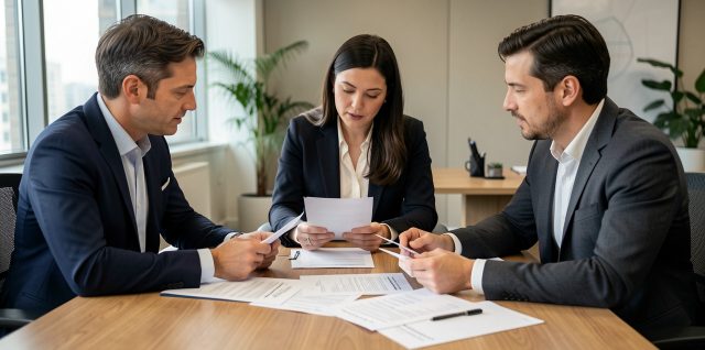 Un particulier, une cheffe d’entreprise et un responsable associatif comparent des documents financiers vierges autour d’une table dans une agence bancaire sobre.