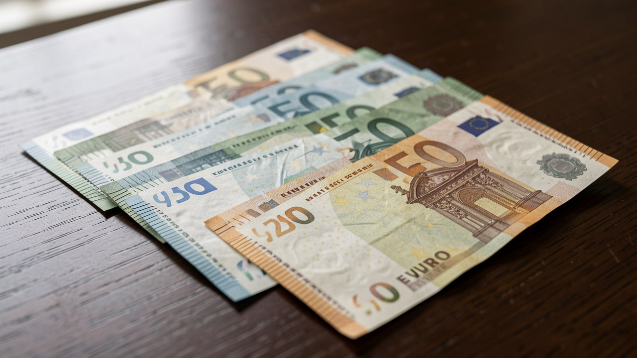 Billets en euros disposés sur une table en bois sombre, éclairés latéralement pour révéler leurs filigranes, reliefs et textures de sécurité.