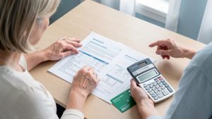 Femme comparant deux devis de complémentaire santé vierges sur une table, avec une calculatrice et une carte de santé verte sans inscription.