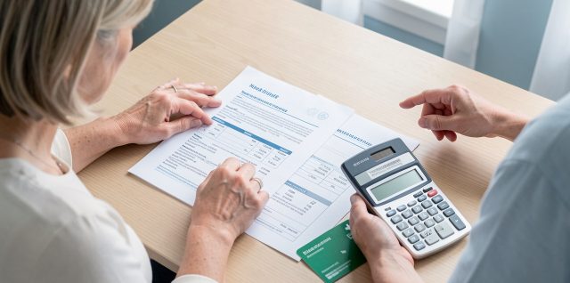 Femme comparant deux devis de complémentaire santé vierges sur une table, avec une calculatrice et une carte de santé verte sans inscription.