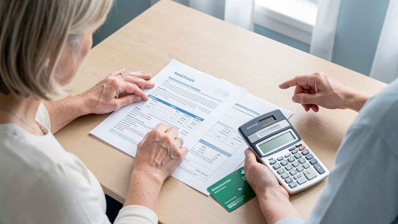 Femme comparant deux devis de complémentaire santé vierges sur une table, avec une calculatrice et une carte de santé verte sans inscription.