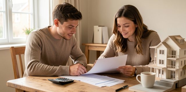 Un homme et une femme étudient ensemble un dossier de prêt immobilier autour d’une table, avec des documents financiers, une calculatrice et une maison en arrière-plan.