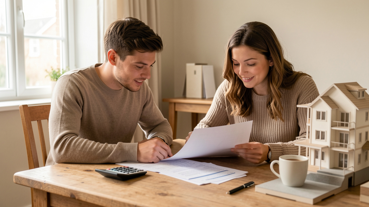 Un homme et une femme étudient ensemble un dossier de prêt immobilier autour d’une table, avec des documents financiers, une calculatrice et une maison en arrière-plan.