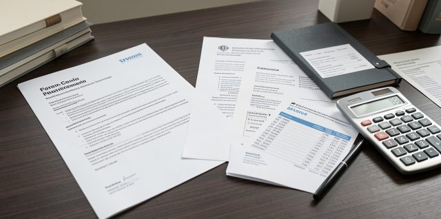 Documents administratifs vierges évoquant une déclaration de revenus française, relevés d’épargne, calculatrice et stylo disposés sur un bureau sobre.