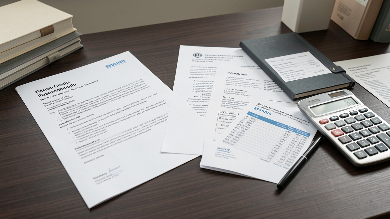 Documents administratifs vierges évoquant une déclaration de revenus française, relevés d’épargne, calculatrice et stylo disposés sur un bureau sobre.