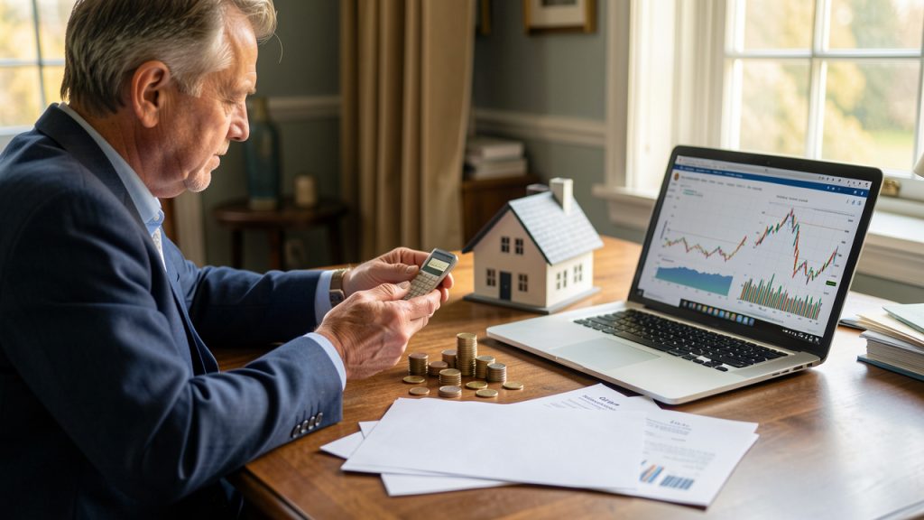 Un homme analyse un portefeuille d’épargne diversifié avec des pièces, un logement miniature et un ordinateur affichant des graphiques financiers abstraits.