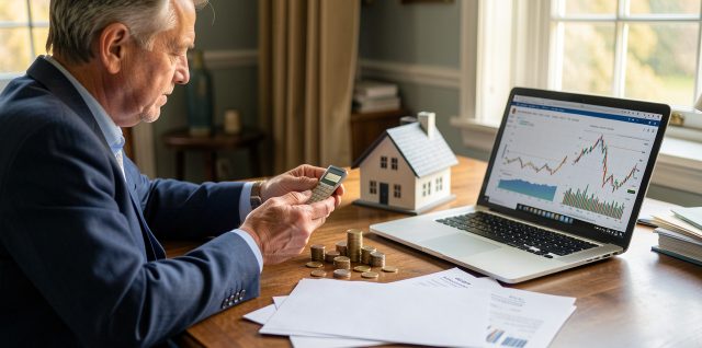 Un homme analyse un portefeuille d’épargne diversifié avec des pièces, un logement miniature et un ordinateur affichant des graphiques financiers abstraits.