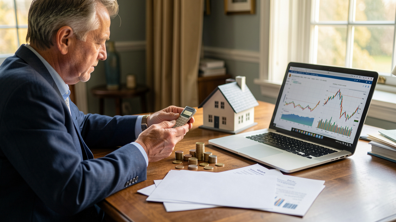 Un homme analyse un portefeuille d’épargne diversifié avec des pièces, un logement miniature et un ordinateur affichant des graphiques financiers abstraits.