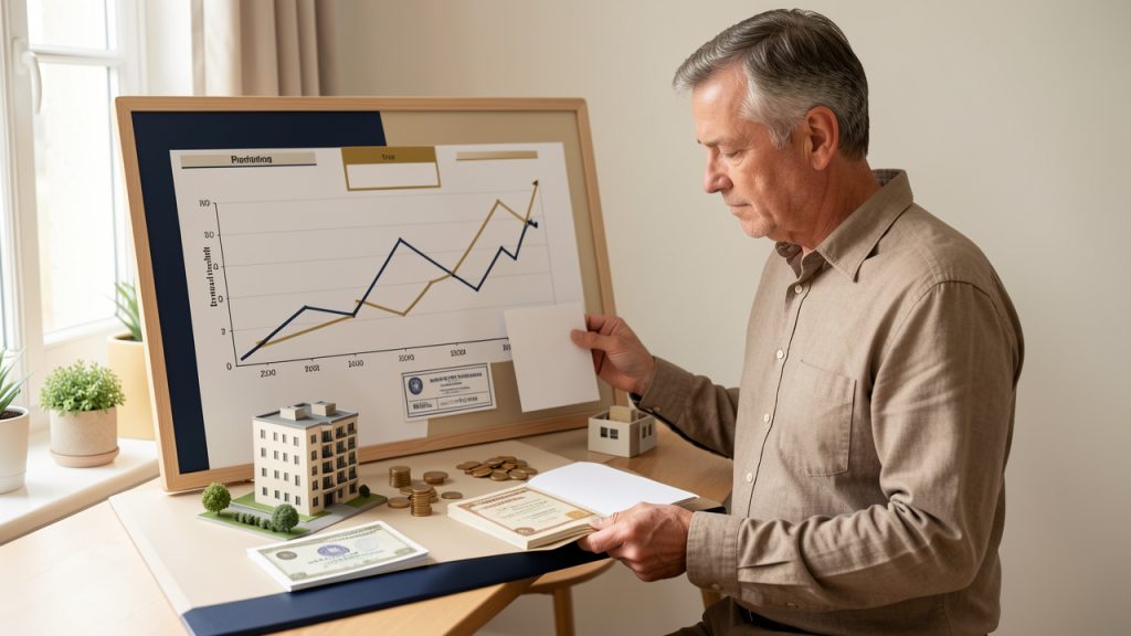Un homme mûr examine un tableau de planification financière avec des graphiques abstraits équilibrés, des pièces, des bâtiments immobiliers miniatures et des documents vierges.