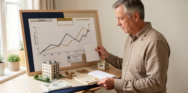 Un homme mûr examine un tableau de planification financière avec des graphiques abstraits équilibrés, des pièces, des bâtiments immobiliers miniatures et des documents vierges.