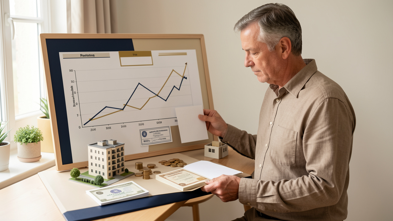 Un homme mûr examine un tableau de planification financière avec des graphiques abstraits équilibrés, des pièces, des bâtiments immobiliers miniatures et des documents vierges.