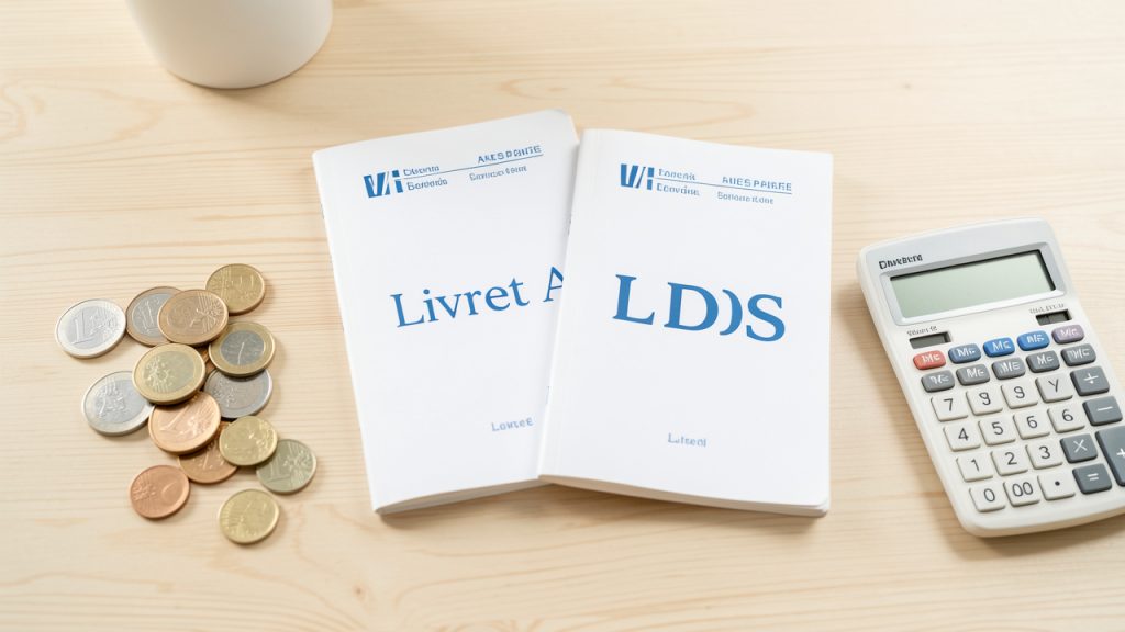 Deux livrets d’épargne français sobres, des pièces en euros et une calculatrice posés sur un bureau lumineux.
