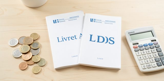 Deux livrets d’épargne français sobres, des pièces en euros et une calculatrice posés sur un bureau lumineux.