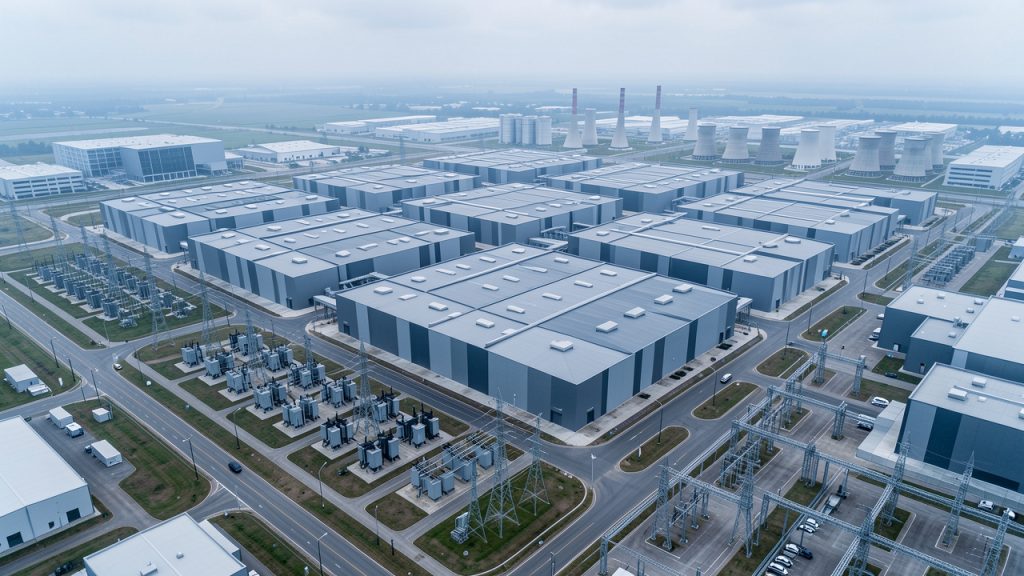 Vue aérienne réaliste d’un immense centre de données dédié à l’intelligence artificielle, entouré de postes électriques haute tension et de bâtiments techniques modernes sous une lumière froide.