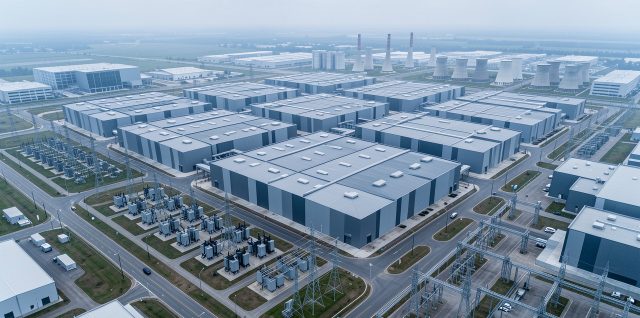 Vue aérienne réaliste d’un immense centre de données dédié à l’intelligence artificielle, entouré de postes électriques haute tension et de bâtiments techniques modernes sous une lumière froide.