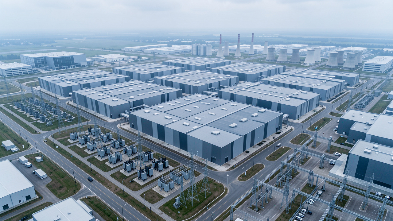 Vue aérienne réaliste d’un immense centre de données dédié à l’intelligence artificielle, entouré de postes électriques haute tension et de bâtiments techniques modernes sous une lumière froide.