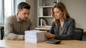 Un homme et une femme examinent un dossier de prêt immobilier et une calculatrice posés sur une table, dans une ambiance sobre de conseil financier.