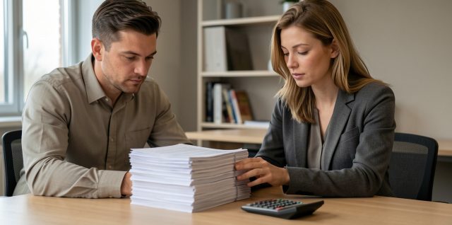 Un homme et une femme examinent un dossier de prêt immobilier et une calculatrice posés sur une table, dans une ambiance sobre de conseil financier.