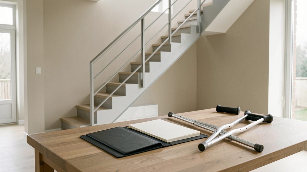 Intérieur lumineux et sobre avec un escalier sécurisé, un dossier fermé et des béquilles posés sur une table.