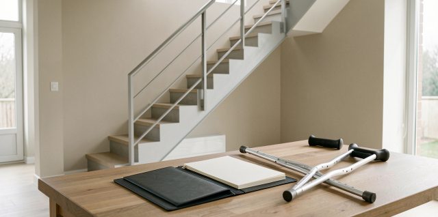 Intérieur lumineux et sobre avec un escalier sécurisé, un dossier fermé et des béquilles posés sur une table.