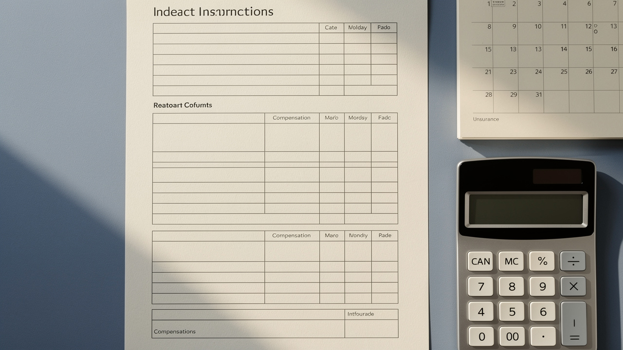 Gros plan sobre et professionnel sur un document d’assurance aux tableaux vierges, accompagné d’un calendrier non daté et d’une calculatrice.