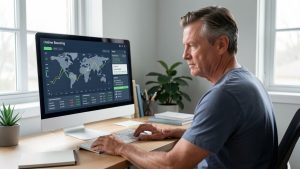 Un homme consulte sur un ordinateur un tableau comparatif d’ETF avec des graphiques financiers mondiaux, dans un bureau sobre évoquant la banque en ligne.