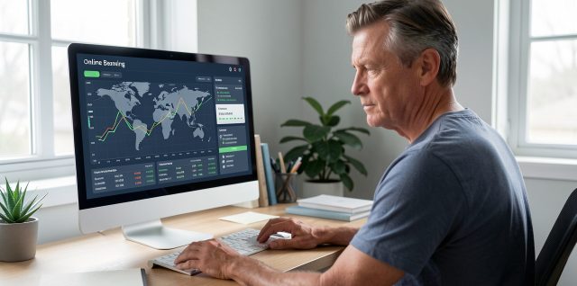 Un homme consulte sur un ordinateur un tableau comparatif d’ETF avec des graphiques financiers mondiaux, dans un bureau sobre évoquant la banque en ligne.